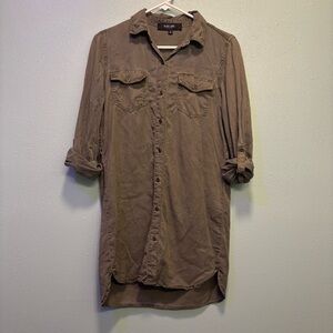 C'est Toi Black Label Olive Button Down Shirt Dress With Cuffed Sleeves Size S